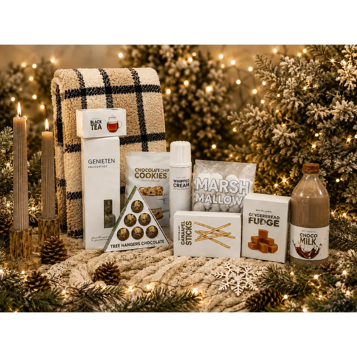 Kerstpakket Warm Wishes, Cozy Moments met bruin-wit geruite plaid, taupe LED kaarsen, houten sneeuwvlok kandelaars, geurstokjes, zwarte thee, choco kerstballen, speculaas fudge, chocolate chip cookies, chocolademelk, slagroom, marshmallows en caramel sticks. Een sfeervol wellness kerstpakket 2026 voor bedrijven, medewerkers en zakelijke relaties.
