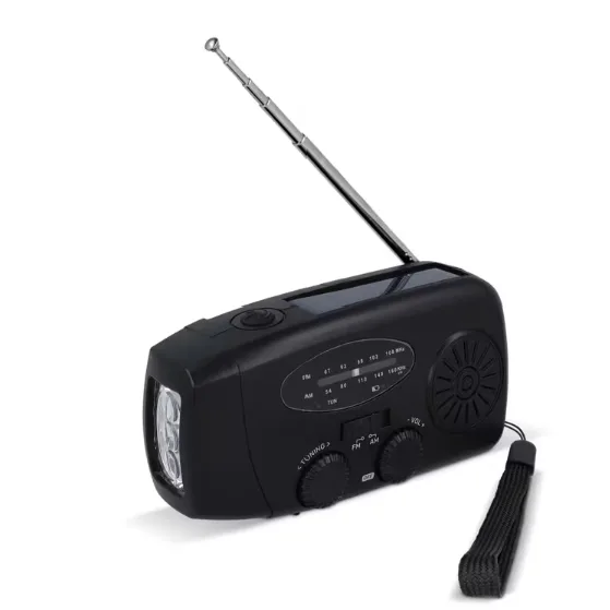 Duurzame Solar Radio, Solar & Crank Noodradio. Compacte zwarte solar radio met zonnepaneel, dynamo zwengel en ingebouwde zaklamp voor noodsituaties.