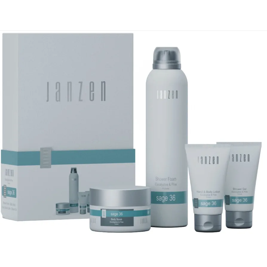 JANZEN Giftset S Body Sage 36 met Shower Foam 200 ml, Body Scrub 125 gr, Shower Gel 40 ml en Body Lotion 40 ml. Luxe verzorgingsset, ideaal als relatiegeschenk, kerstpakket of stijlvol cadeau.