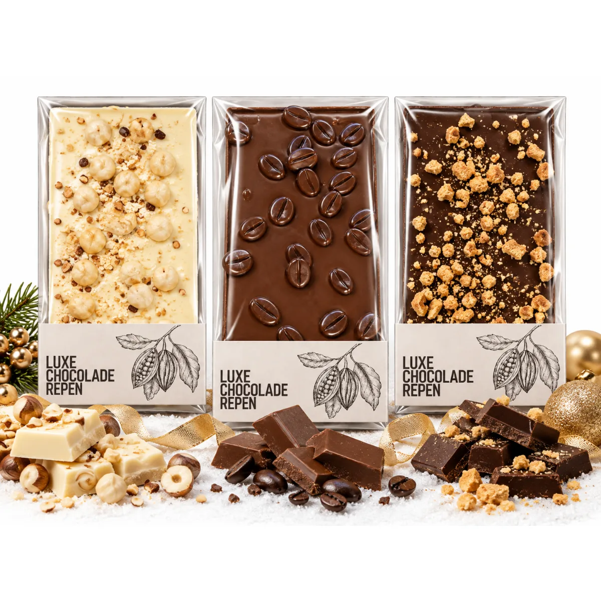 Deluxe Kerstgeschenk, Ambachtelijke Chocolade Reep 1 st, Wit, Puur of Melk 130 gr. Deluxe ambachtelijke chocoladereep in melk, wit en puur als kerstgeschenk voor kerstpakketten.