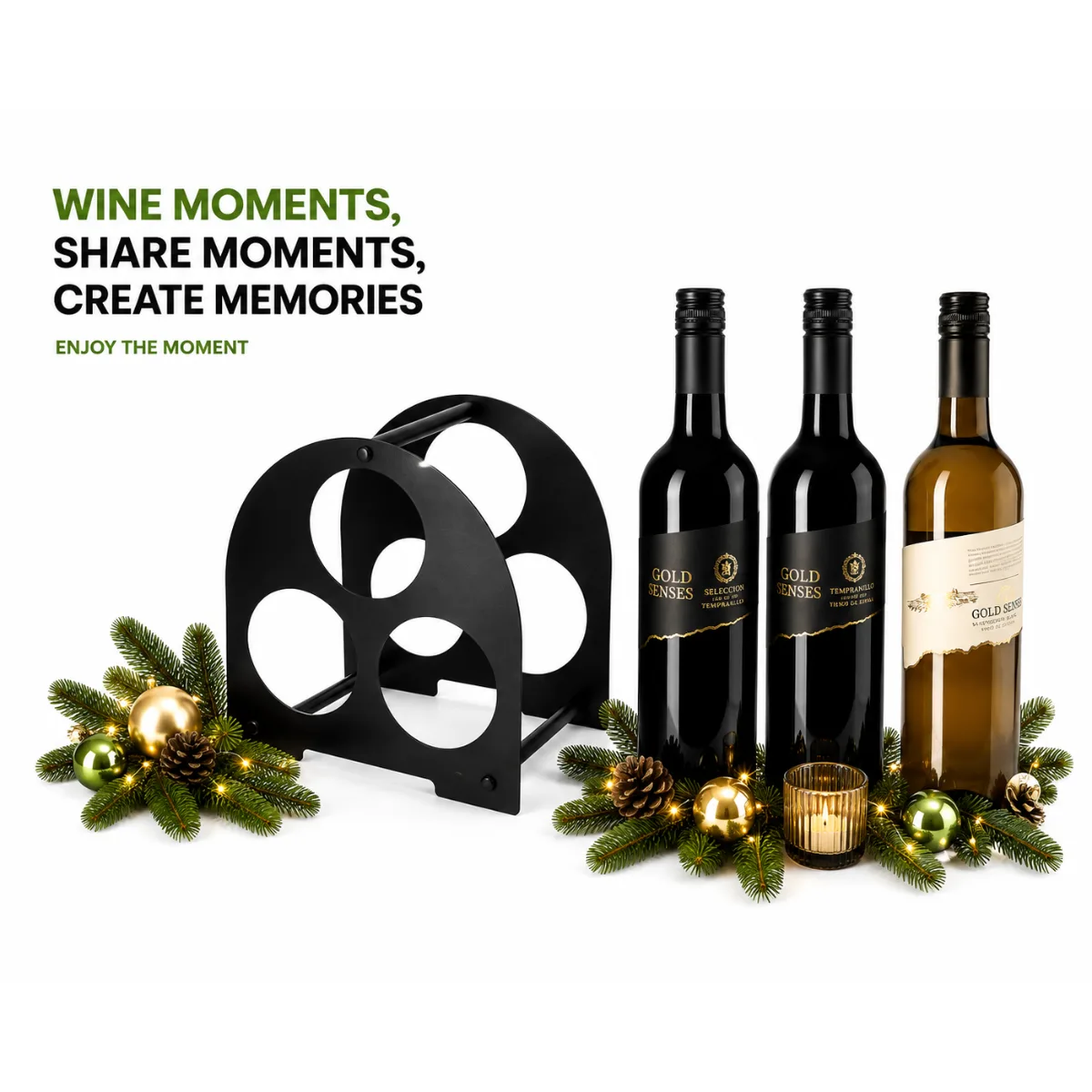 Wine Moments, Share Moments, Create Memories kerstpakket/ relatiegeschenk zwart wijnrek voor drie flessen, Gold Senses Sauvignon Blanc en twee Gold Senses Tempranillo wijnen. Luxe relatiegeschenk en kerstpakket voor liefhebbers van wijn en samen genieten.