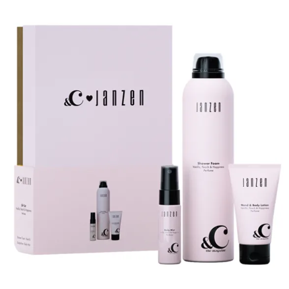 JANZEN &C Giftset S Vanilla Peach met Shower Foam 200 ml, Mini Body Mist 20 ml en Hand & Body Lotion 40 ml. Luxe verzorgingsset met vanille- en perzikgeur, ideaal als relatiegeschenk, kerstpakket of stijlvol cadeau.