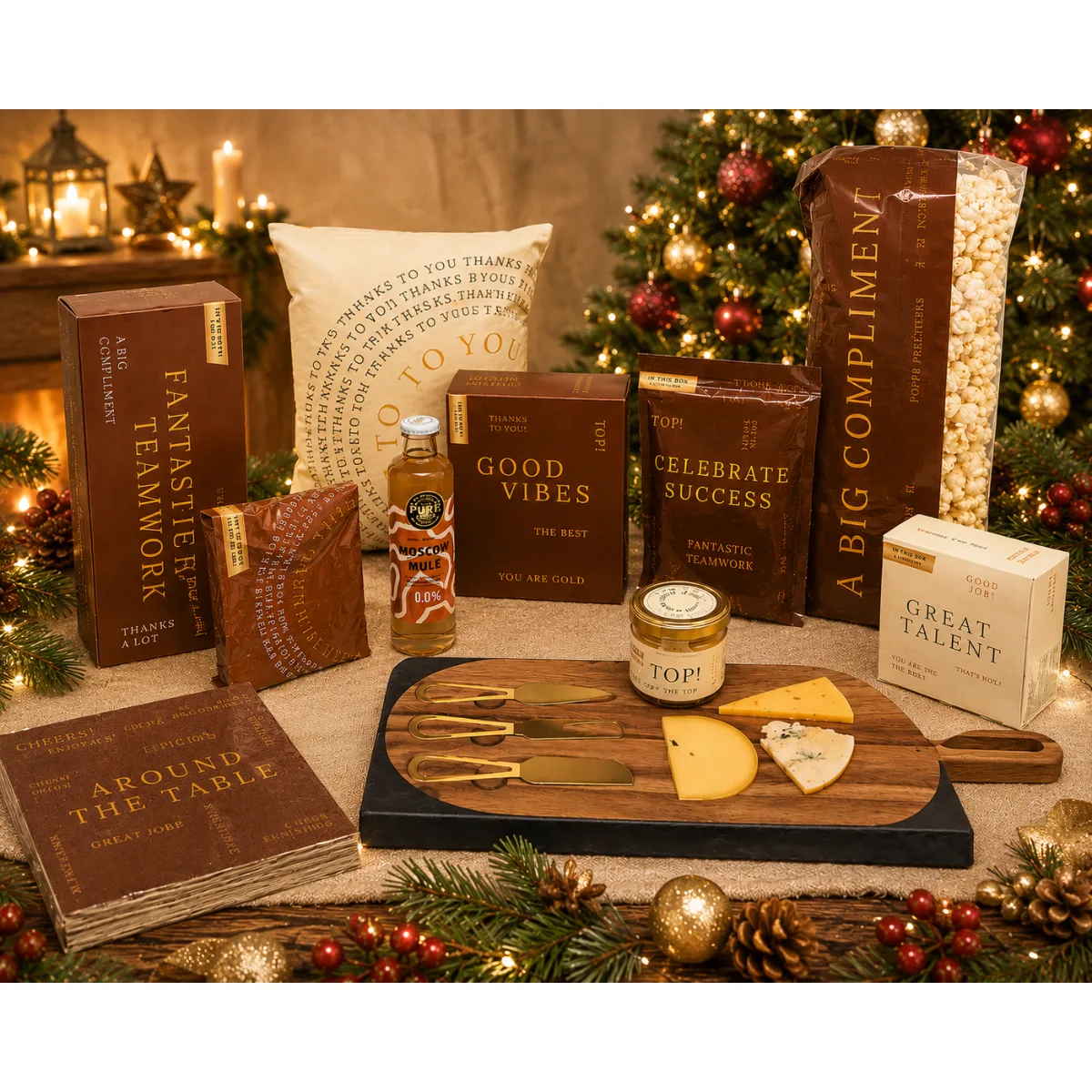Bedankt voor Jou, Een Klein Gebaar, Een Grote Waardering! Het ultieme relatiegeschenk om waardering uit te spreken | Waarderingspakket met serveerplank, goudkleurige messen, toast, zalmmousse, camembertspread, snacks en Punch Club Moscow Mule 0,0%. Een stijlvol relatiegeschenk om waardering uit te spreken.