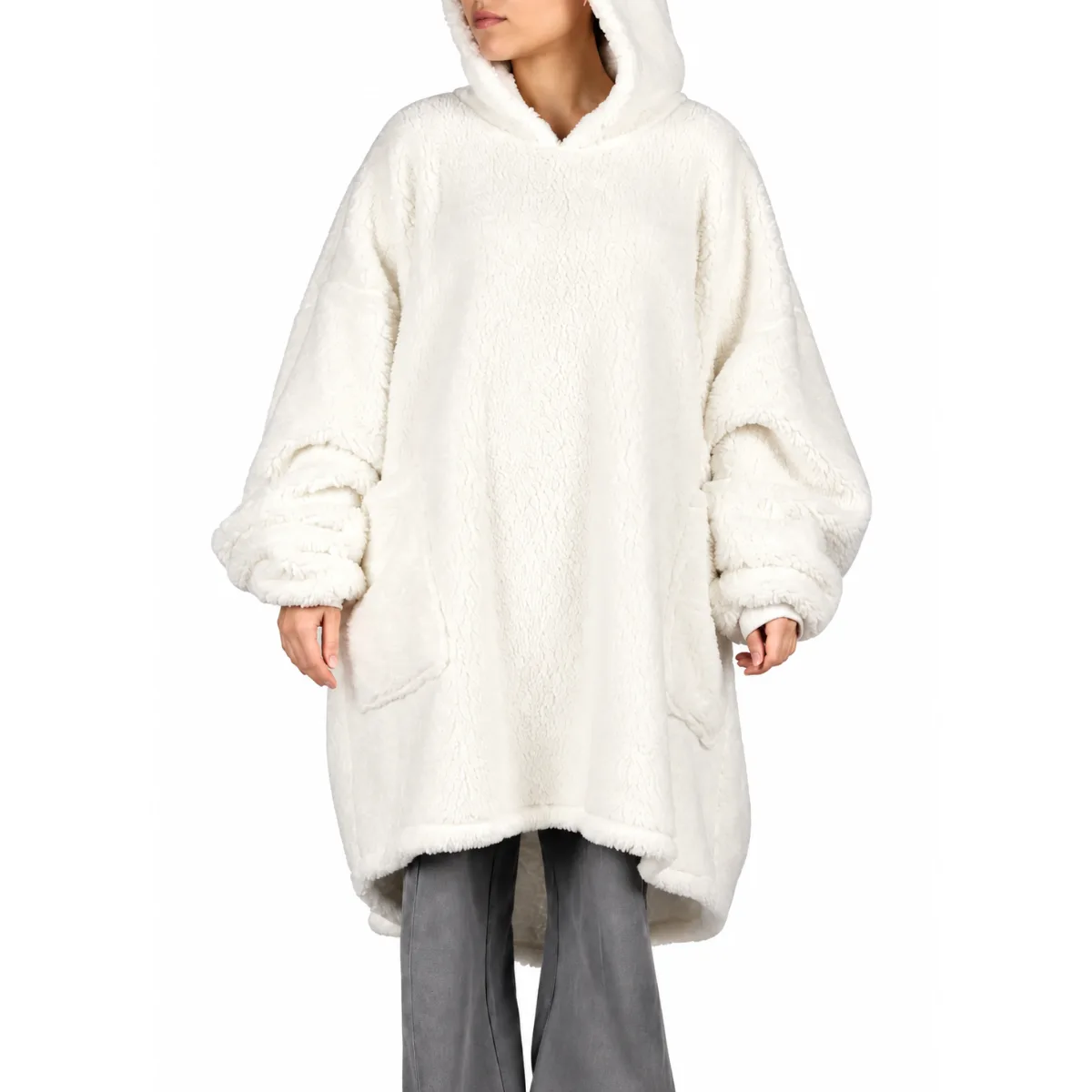 Cosy Hoodie Sherpa Ivoor, Warme Oversized Fleece Trui