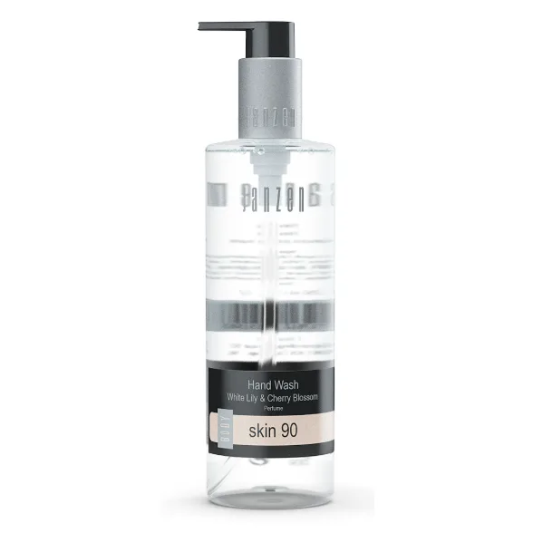 JANZEN Hand Wash Skin 90 Handzeep, 250 ml in een stijlvolle flacon. Luxe handzeep met witte lelie, kersenbloesem en tonkabonen, ideaal als relatiegeschenk, kerstpakket of stijlvol cadeau.