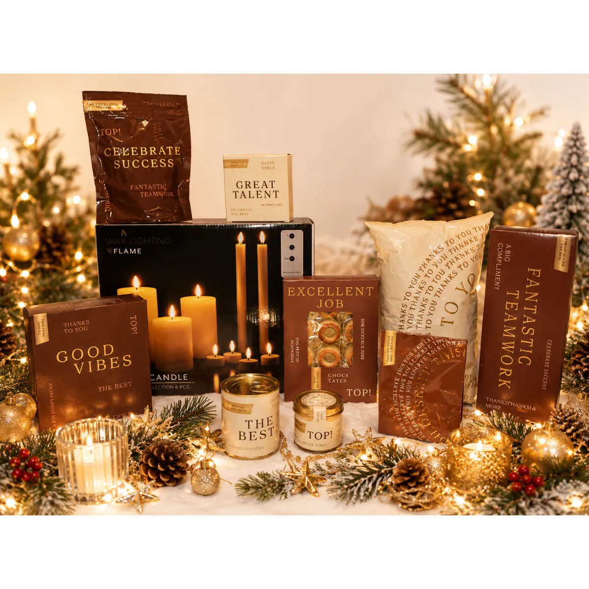 Kerstpakket Golden Christmas, Taste & Glow met 13-delige LED kaarsenset, zalmmousse, kipragout, mini bouchées, toast, grissini, camembert spread, ribbelchips, BBQ snackbites en borrelnoten. Origineel borrel kerstpakket 2026 voor medewerkers en zakelijke relaties.