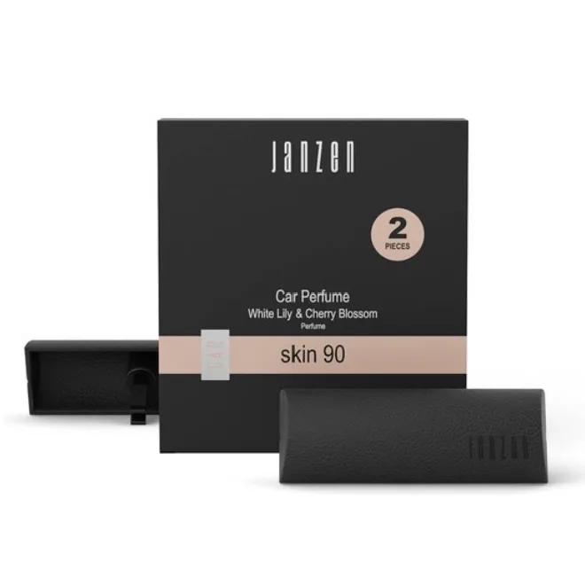 JANZEN Car Perfume Skin 90 Auto Parfum, set van 2 voor het ventilatierooster. Luxe autoparfum met witte lelie, kersenbloesem en tonkabonen, ideaal als relatiegeschenk, kerstpakket of stijlvol cadeau.