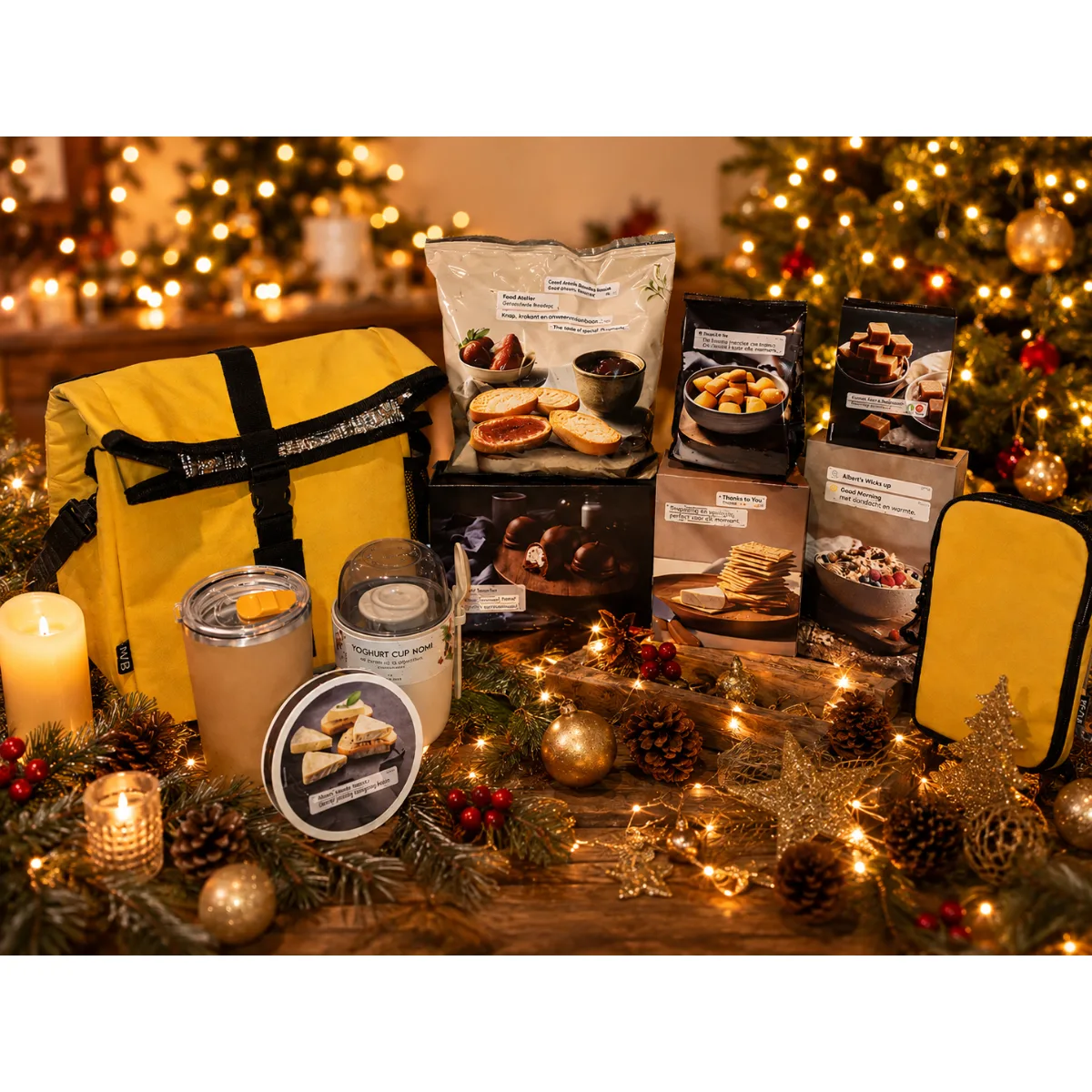 Kerstpakket Sunny Break, Snack & Go met gele lunch koeltas, geel telefoontasje, Noah yoghurtbeker, drinkbeker, muesli, toast, BBQ snackbites, kaaspuntjes, geroosterde broodjes, vanille fudge en chocozoenen in een luxe kerstdoos. Een vrolijk en praktisch kerstpakket 2026 voor bedrijven, medewerkers en zakelijke relaties.