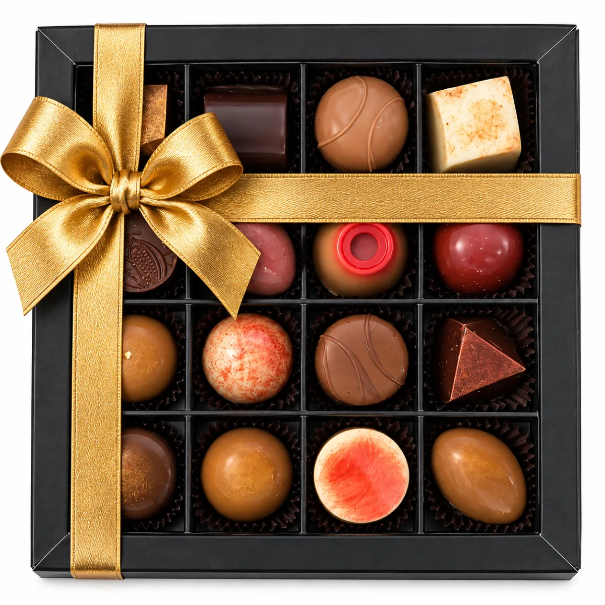 Luxe Doosje met Ambachtelijke Bonbons 16 st. Luxe doos met 16 ambachtelijke bonbons in diverse smaken, luxe chocolade cadeau, relatiegeschenk en kerstgeschenk voor bedrijven.