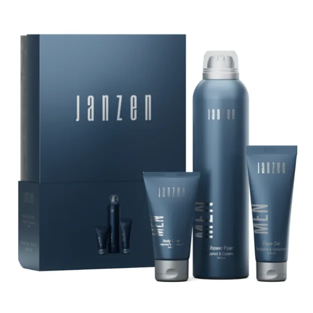 JANZEN Giftset S for Men met Shower Foam 200 ml, Hair & Body Wash 40 ml en Face Gel 50 ml. Luxe verzorgingsset voor mannen, ideaal als relatiegeschenk, kerstpakket of stijlvol cadeau.