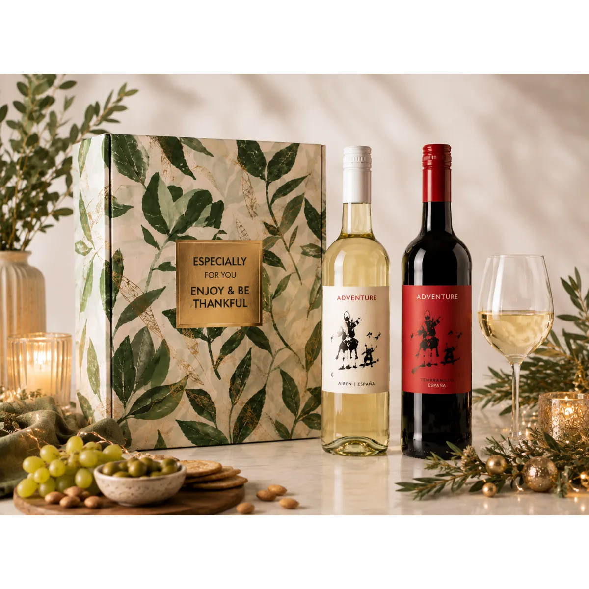 Wijnpakket Wine Adventure, Taste Together met Adventure Airen witte wijn en Adventure Tempranillo rode wijn. Origineel wijn kerstpakket 2026 voor medewerkers en zakelijke relaties.