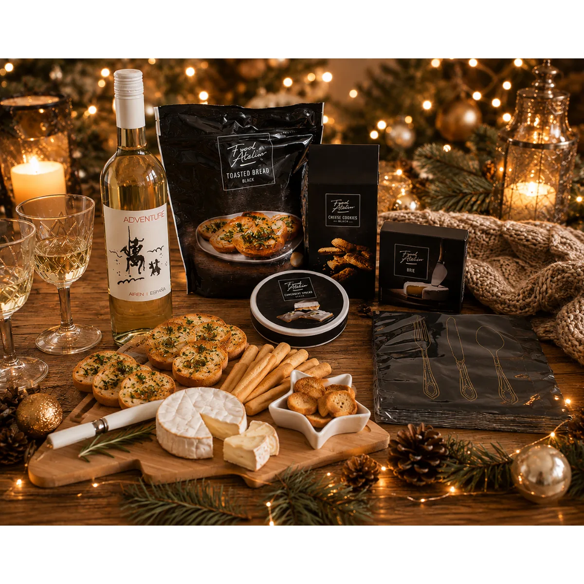 Relatiegeschenk Wine & Cheese, The Perfect Pairing met kerst kaasplank, Adventure Airen wijn, brie, kaaspuntjes, toast, kaaskoekjes en servetten. Origineel relatiegeschenk 2026 voor medewerkers, klanten en zakelijke relaties.
