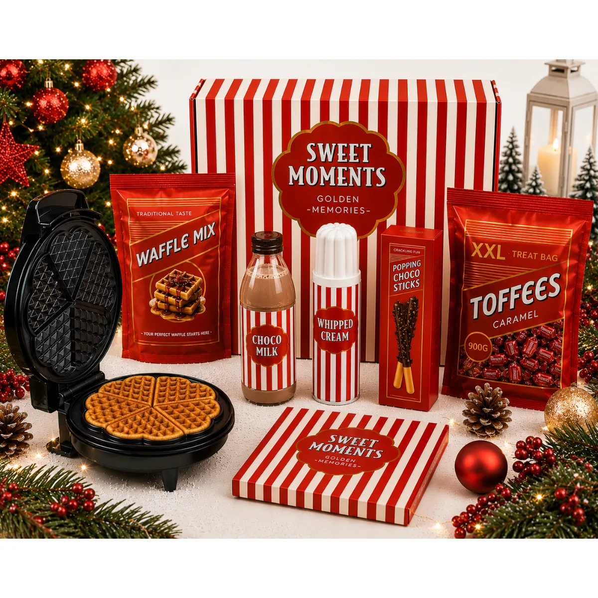 Kerstpakket Warm & Sweet, Warm Hearts, Sweet Memories met Tristar wafelijzer, Fun Cooking Sweet wafelmix, chocolademelk, slagroom, knettersuiker choco, Toffee XXL en servetten. Een compleet fun cooking kerstpakket 2026 voor bedrijven, medewerkers en zakelijke relaties. Perfect om samen verse wafels te bakken en te genieten van een warme, zoete kerstbeleving.