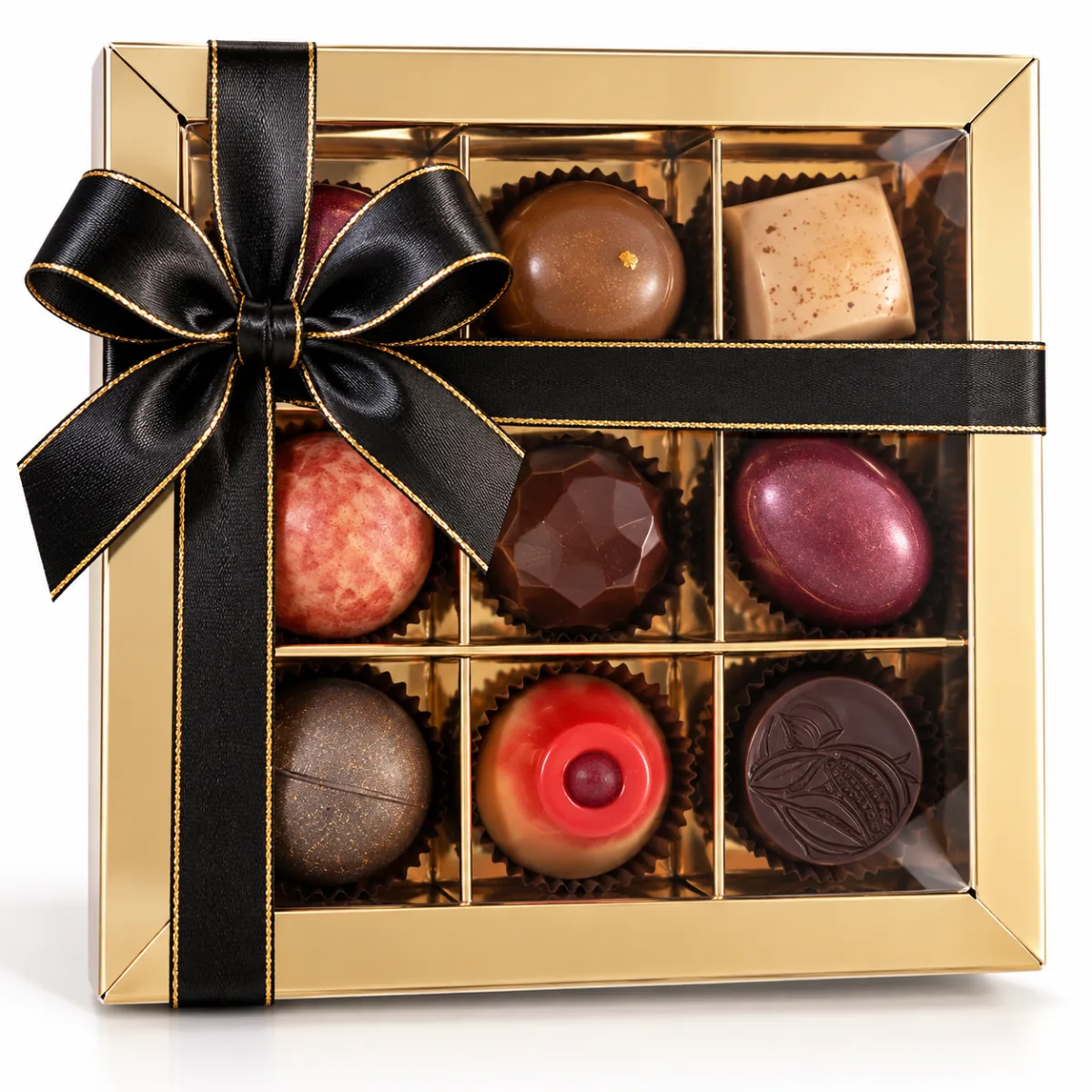 Luxe Doosje met Ambachtelijke Bonbons 9 st. Luxe doos met 9 ambachtelijke bonbons in diverse smaken, luxe chocolade cadeau, relatiegeschenk en kerstgeschenk voor bedrijven.