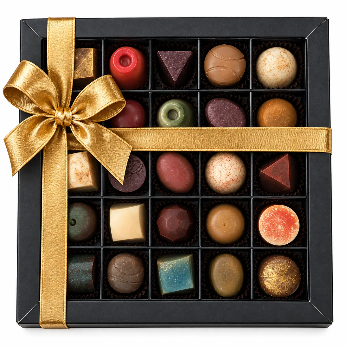 Luxe Doosje met Ambachtelijke Bonbons 25 st. Luxe doos met 25 ambachtelijke bonbons in diverse smaken, luxe chocolade cadeau, relatiegeschenk en kerstgeschenk voor bedrijven.