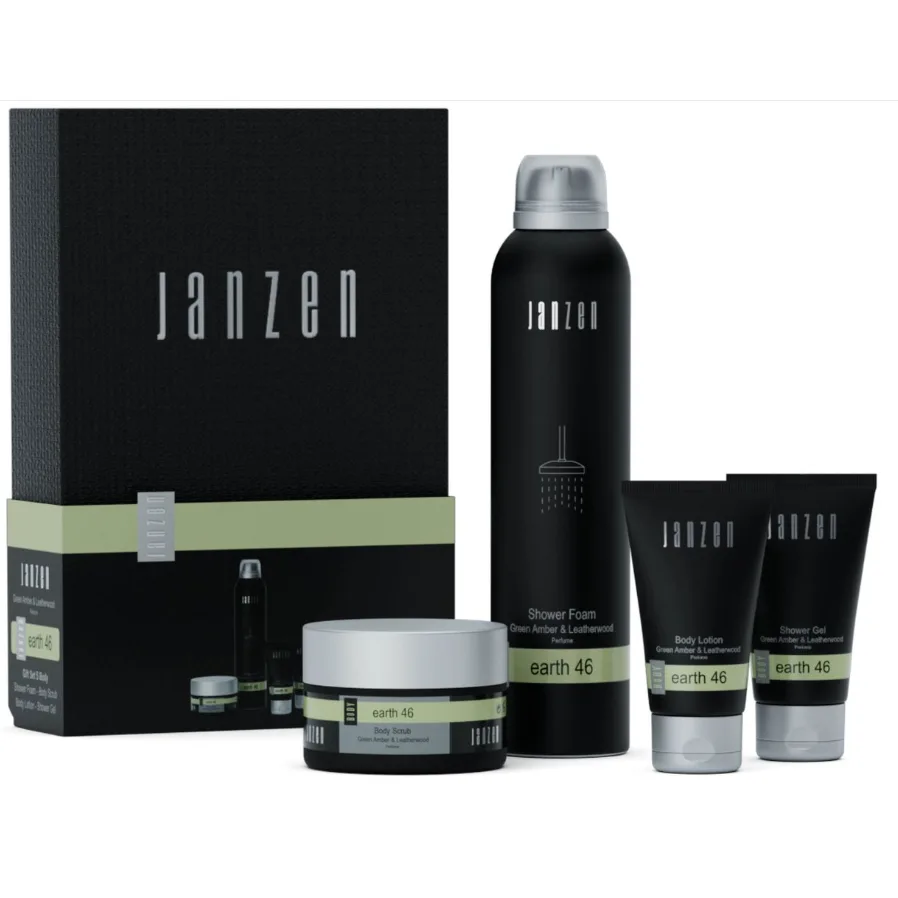 JANZEN Giftset S Body Earth 46 met Shower Foam 200 ml, Body Scrub 125 gr, Shower Gel 40 ml en Body Lotion 40 ml. Luxe verzorgingsset, ideaal als relatiegeschenk, kerstpakket of stijlvol cadeau.