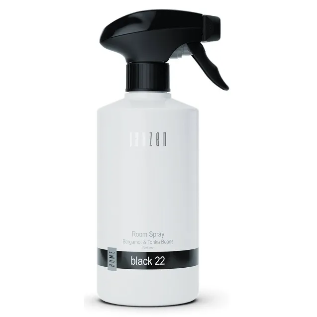 JANZEN Room Spray Black 22 Interieurspray, 500 ml in een stijlvolle flacon. Luxe huisparfum met bergamot, warme kruiden en tonkabonen, ideaal als relatiegeschenk, kerstpakket of stijlvol cadeau.