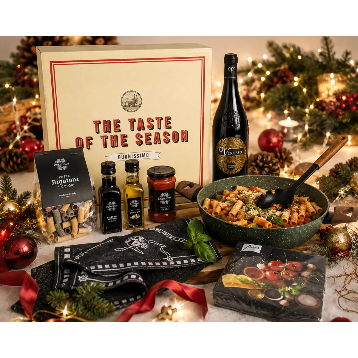 Kerstpakket La Dolce Vita, Cook Together, Taste Italy met hapjespan Natura 28 cm, siliconen pastalepel, keukendoeken, extra vierge olijfolie, balsamico uit Modena, biologische tomatensaus, kleurrijke pasta en Verosso Vino Rosso d'Italia in een luxe Buonissimo geschenkdoos. Een stijlvol Italiaans kerstpakket 2026 voor bedrijven, medewerkers en zakelijke relaties.