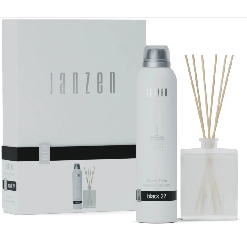 JANZEN Giftset S Home & Body Black 22 met Shower Foam 200 ml, Diffuser 100 ml en natuurlijke rotanstokjes. Luxe verzorgings- en huisparfumset, ideaal als relatiegeschenk, kerstpakket of stijlvol cadeau.