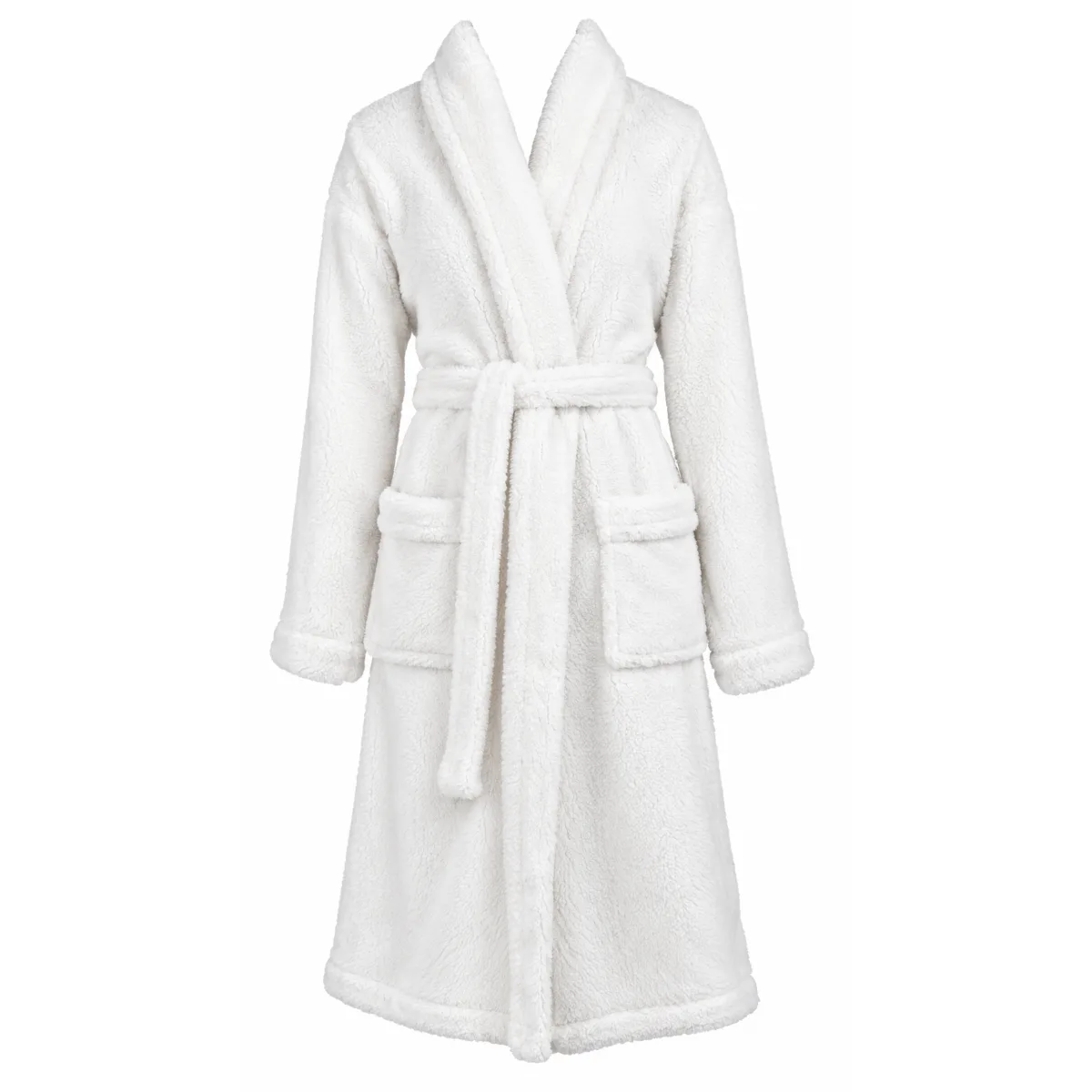 Badjas Fleece White. Zachte witte fleece badjas voor dames en heren, ideaal als cadeau in een zelf samengesteld kerstpakket.