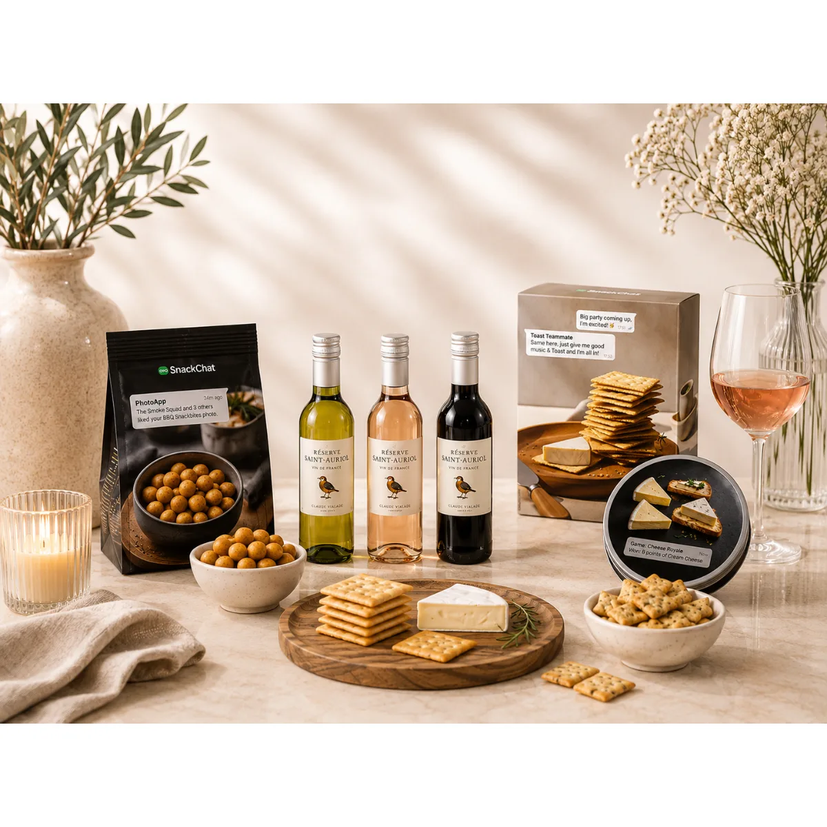 Relatiegeschenk French Wine Tasting, Enjoy Together met La Cuvée de Saint Auriol Blanc, Rosé en Rouge 0,25 liter, toast, BBQ snackbites en kaaspuntjes. Origineel wijn relatiegeschenk 2026 voor medewerkers, klanten en zakelijke relaties.