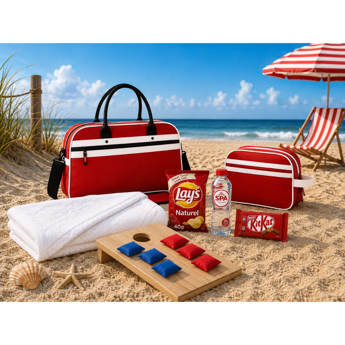 Luxe Kerstpakket Fun On The Beach XL met zomerse accessoires en snacks als zakelijk relatiegeschenk.