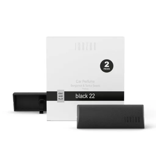JANZEN Car Perfume Black 22 Auto Parfum, set van 2 voor het ventilatierooster. Luxe autoparfum met bergamot, warme kruiden, tropische houttonen en tonkabonen, ideaal als relatiegeschenk, kerstpakket of stijlvol cadeau.