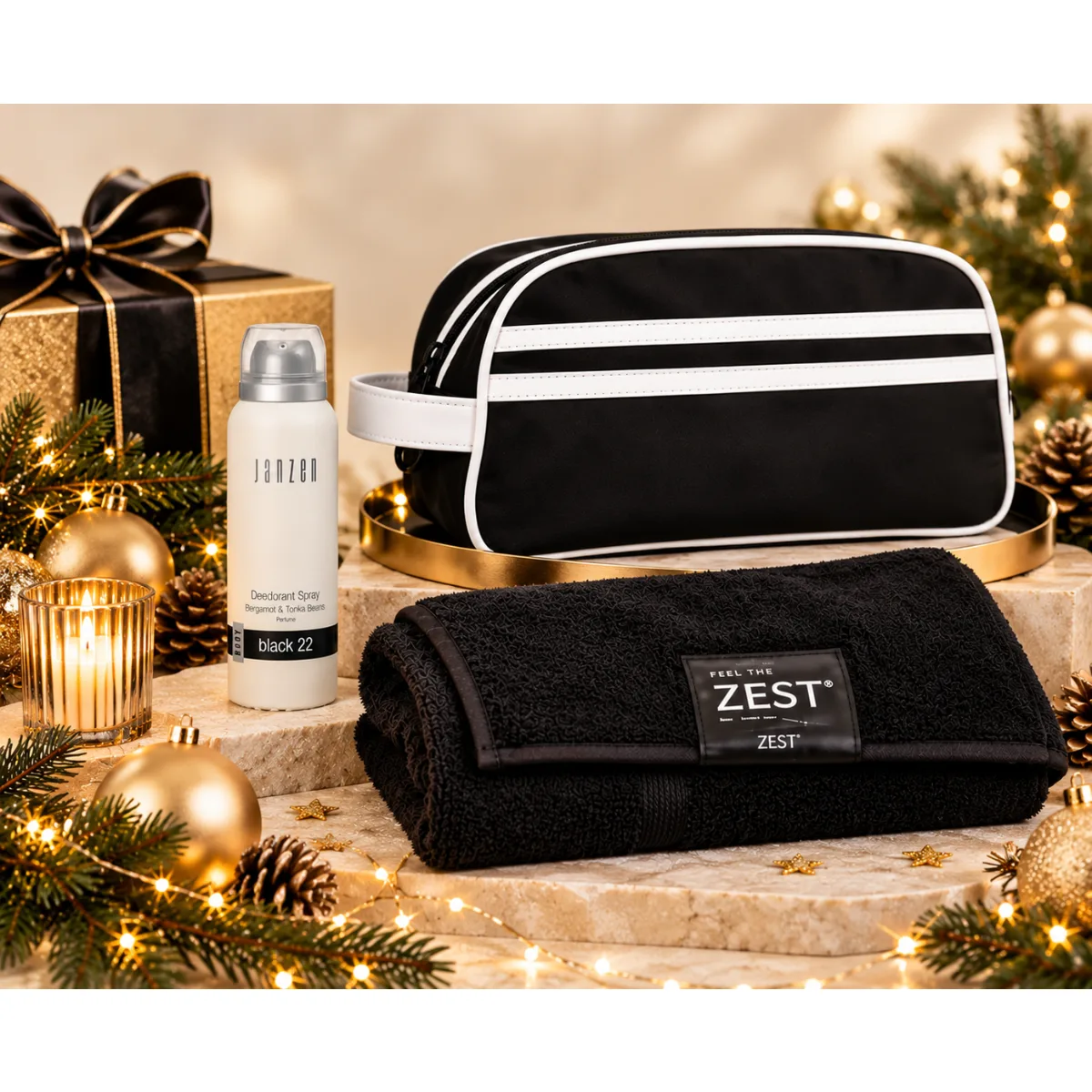 Relatiegeschenk Pure Comfort, Care Collection, Retro Toilettas Zwart Handdoek Zwart 50x100 cm JANZEN Deodorant Spray Black 22, 150 ml