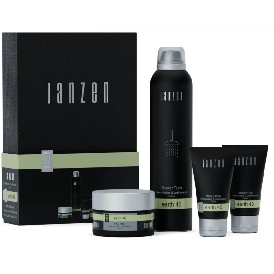 JANZEN Giftset S Body Skin 90 met Shower Foam 200 ml, Body Scrub 125 gr, Shower Gel 40 ml en Body Lotion 40 ml. Luxe verzorgingsset met Skin 90 geur, ideaal als relatiegeschenk, kerstpakket of stijlvol cadeau.