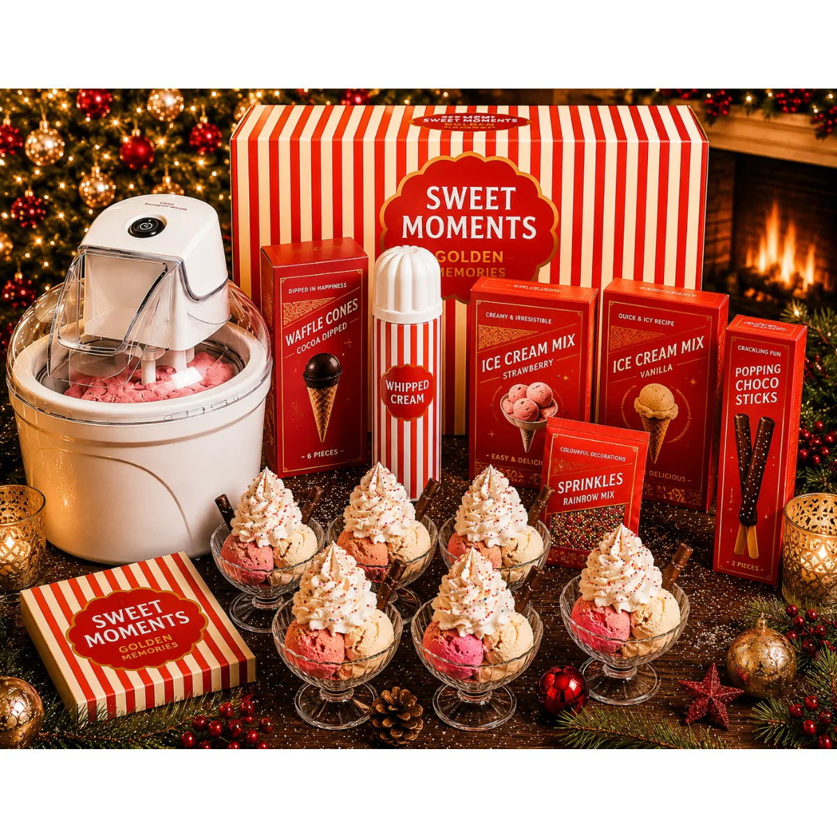 Kerstpakket Sweet Celebration, Create Memories met ijsmachine, ijscoupes, ijshoorntjes, ijsmix vanille en aardbei, slagroom, sprinkle mix en knettersuiker choco. Origineel kerstpakket 2026 voor medewerkers en zakelijke relaties die samen willen genieten van een feestelijk dessertmoment.