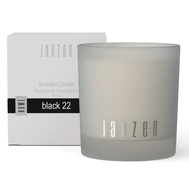JANZEN Scented Candle Black 22 Geurkaars, 210 gram in een stijlvolle zwarte houder. Luxe geurkaars met bergamot, warme kruiden en tonkabonen, ideaal als relatiegeschenk, kerstpakket of stijlvol cadeau.