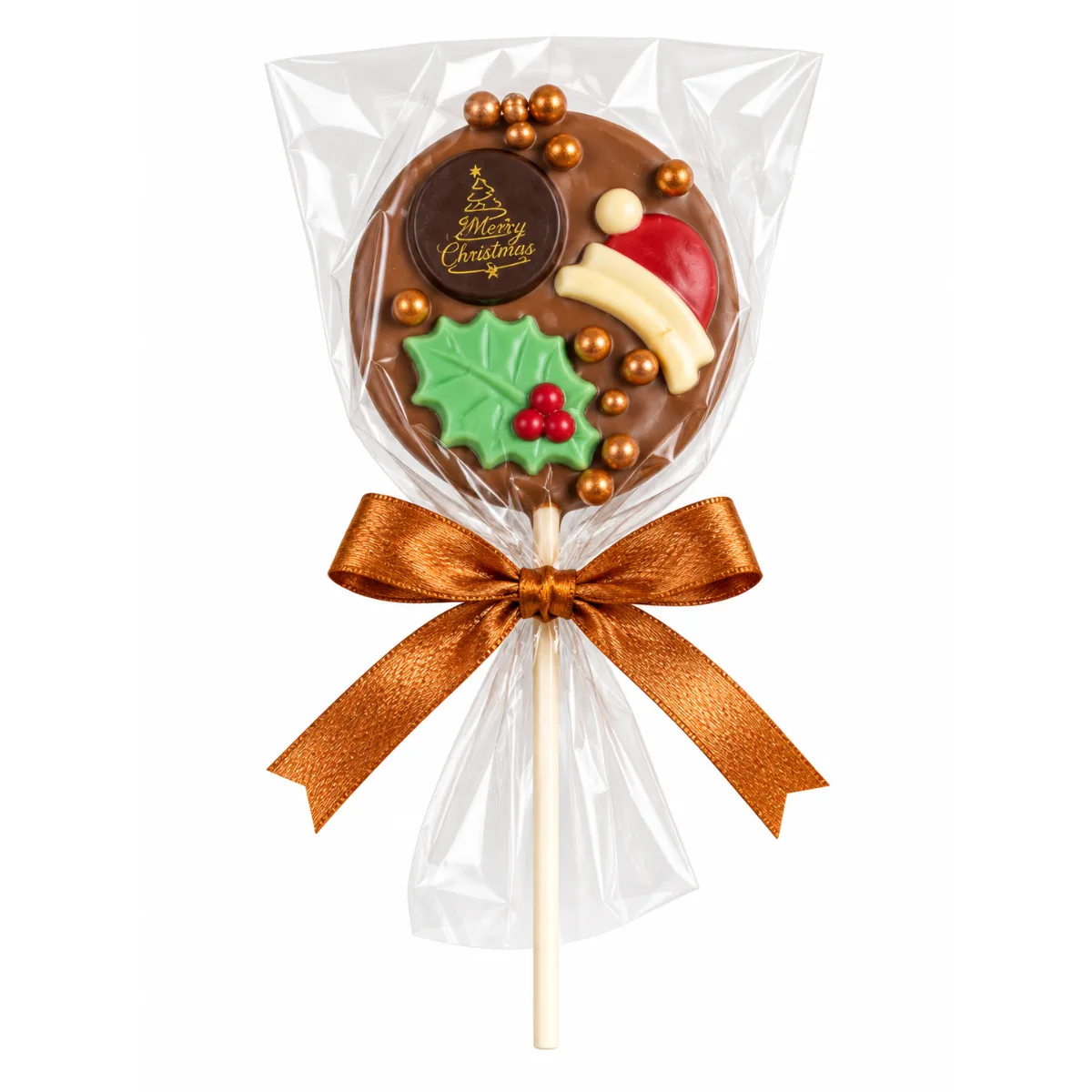 Ambachtelijke Kerst Chocolade Lolly, Melkchocolade 45gr. Ambachtelijke chocolade lolly met kerstfiguur van melkchocolade voor in een kerstpakket.