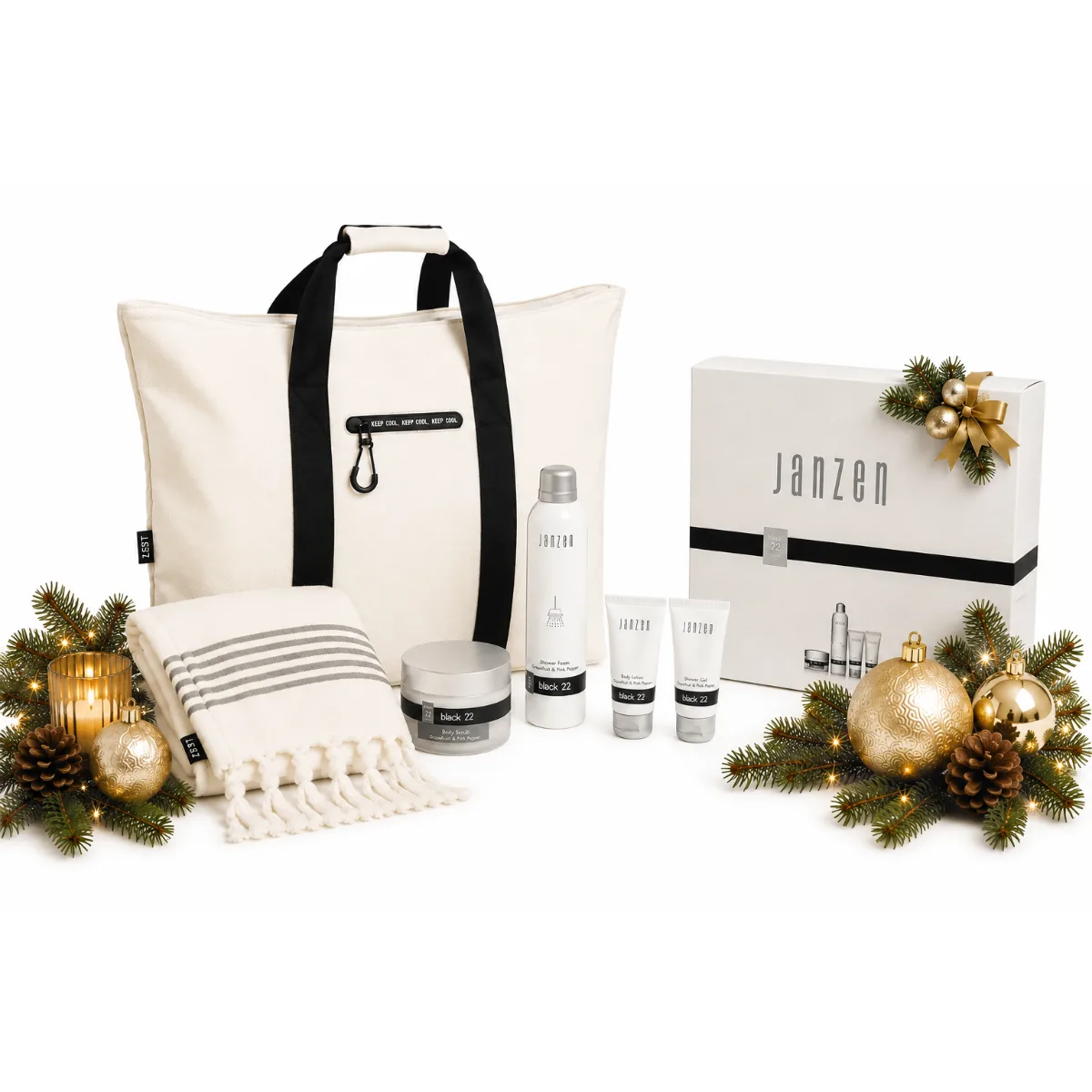 Wellness Escape, A Moment Just for You. Hamamdoek Doubleface wit, 90×180 cm Koeltas / strandhopper Off-White JANZEN Giftset S Body Black 22 -Shower Foam, 200 ml -Body Scrub, 125 gr -Shower Gel, 40 ml -Body Lotion, 40 ml Verpakking Luxe Kerstdoos