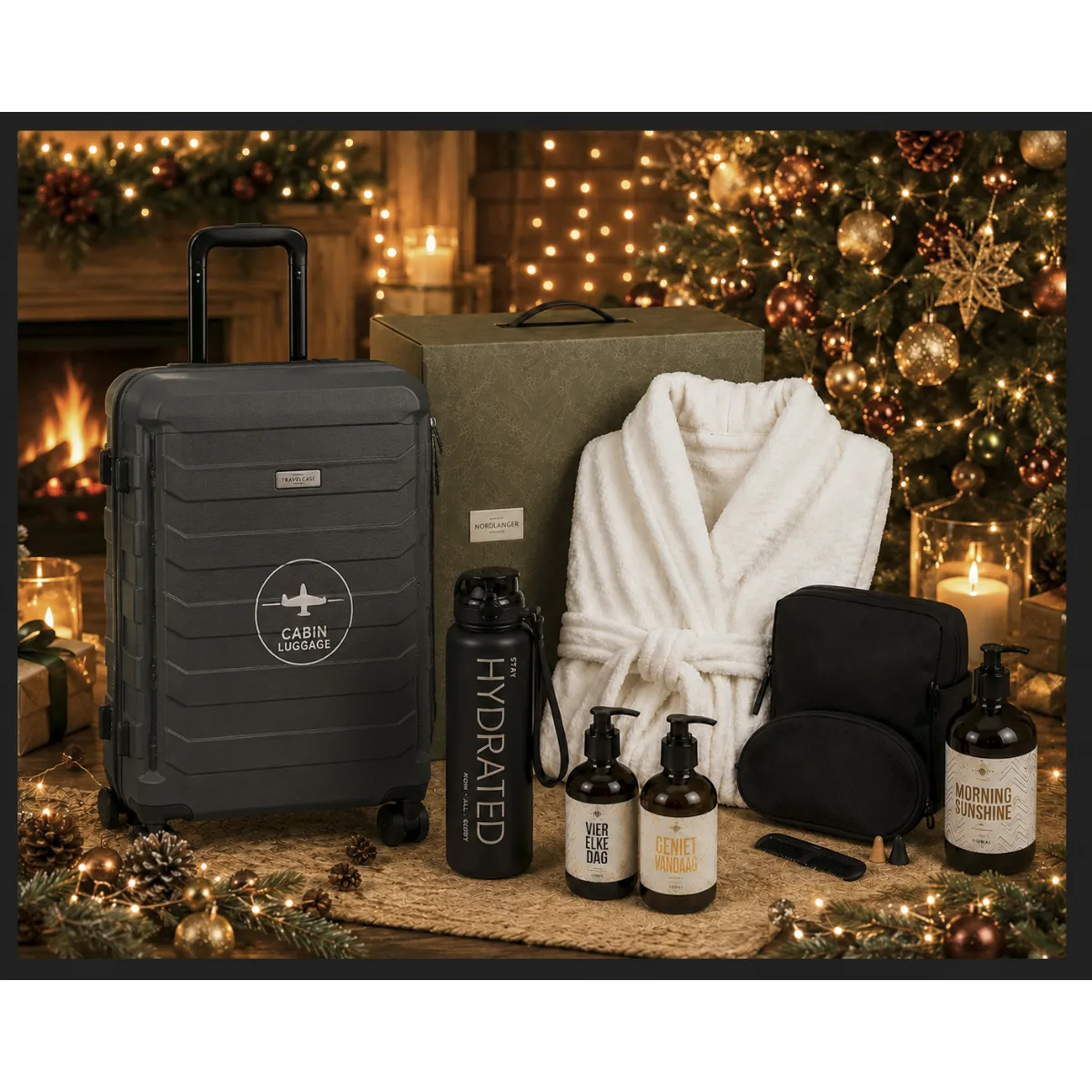 Kerstpakket Ready for Departure, Travel Well met zwarte Travelcase 20 inch handbagage trolley, witte fleece badjas, toilettas met reisset, Kumai Hair & Bodywash Morning Sunshine, Hydrated waterfles en giftset Vier Elke Dag met handwash en lotion.