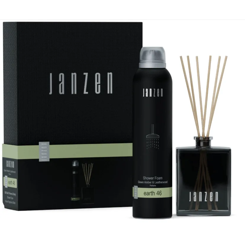 JANZEN Giftset S Home & Body Earth 46 met Shower Foam 200 ml, Diffuser 100 ml en natuurlijke rotanstokjes. Luxe verzorgings- en huisparfumset, ideaal als relatiegeschenk, kerstpakket of stijlvol cadeau.