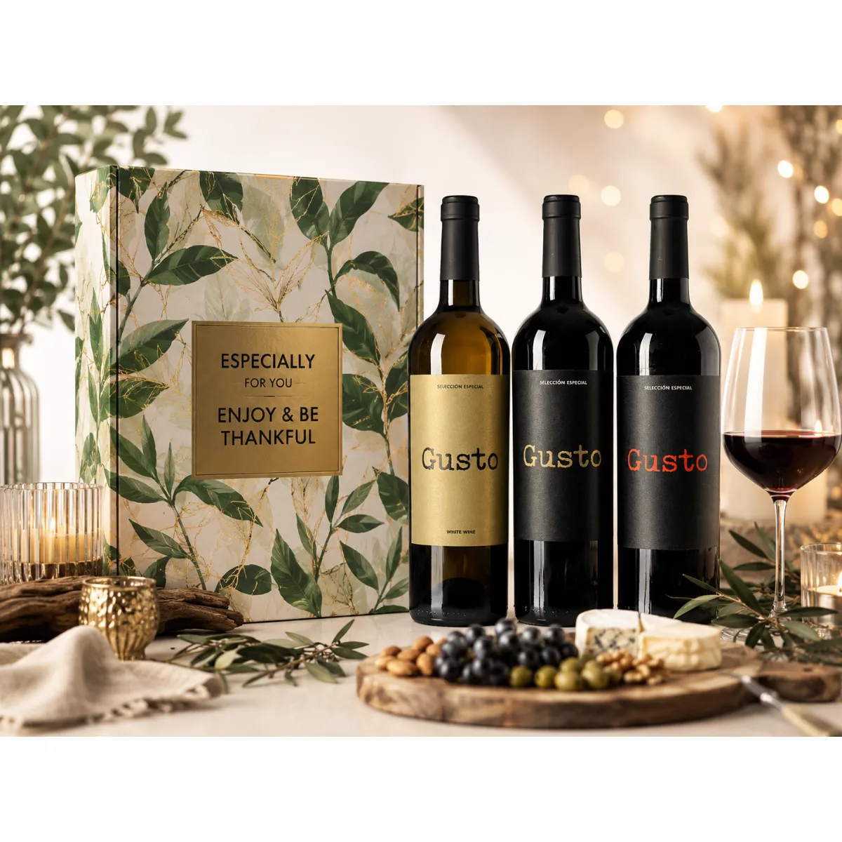 Wijnpakket Gusto Collection, Taste & Celebrate met Gusto Vino Blanco, Gusto Tinto Goud en Gusto Tinto Rood. Origineel wijn kerstpakket 2026 voor medewerkers en zakelijke relaties.