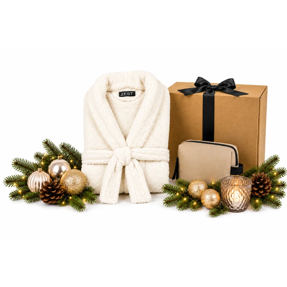 Slow Down, Stay Cozy Stay and Enjoy The Moment. Sherpa Badjas Recycled Ivoor PU Toilettas met Reisset Eco Lining