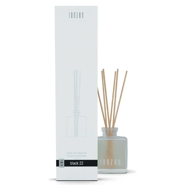 JANZEN Diffuser Black 22 Geurstokjes, 200 ml in een stijlvolle glazen flacon. Luxe huisparfum met warme en frisse geurnoten, ideaal als relatiegeschenk, kerstpakket of stijlvol cadeau.