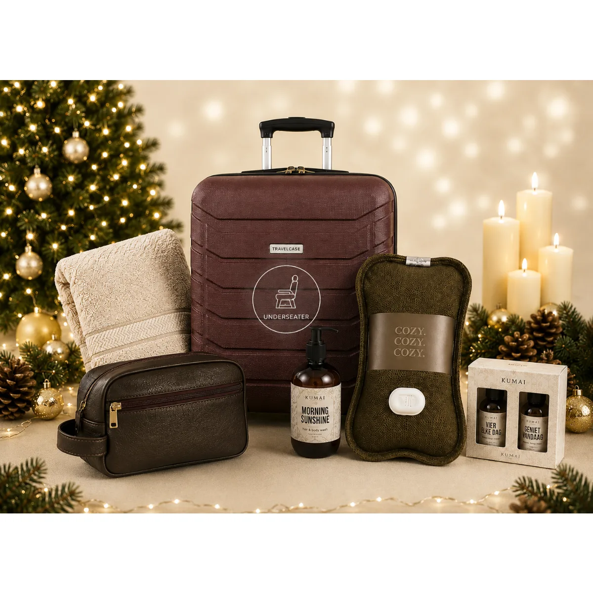 Kerstpakket Escape in Comfort, Travel Collection met bordeaux 14 inch trolley travelcase, oplaadbare groene kruik, Kumai Hair & Bodywash Morning Sunshine, Kumai Giftset Geniet Elke Dag, bruin/zwarte toilettas en ecru handdoek 50 x 100 cm. Een luxe travel en wellness kerstpakket 2026 voor bedrijven, medewerkers en zakelijke relaties.