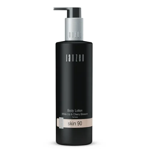 JANZEN Hand Body Lotion Skin 90, 250 ml in een stijlvolle flacon. Luxe hydraterende hand- en bodylotion met witte lelie, kersenbloesem en tonkabonen, ideaal als relatiegeschenk, kerstpakket of stijlvol cadeau.