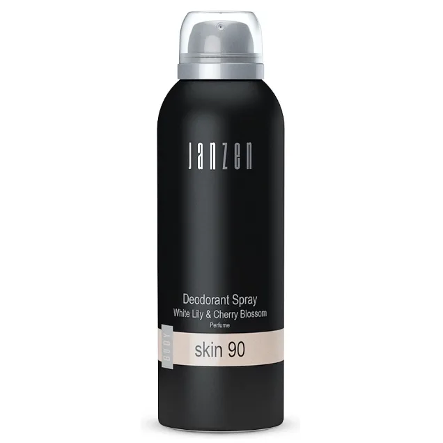 JANZEN Deodorant Spray Skin 90, 150 ml in een stijlvolle flacon. Luxe deodorantspray met witte lelie, kersenbloesem en tonkabonen voor langdurige frisheid, ideaal als relatiegeschenk, kerstpakket of stijlvol cadeau.