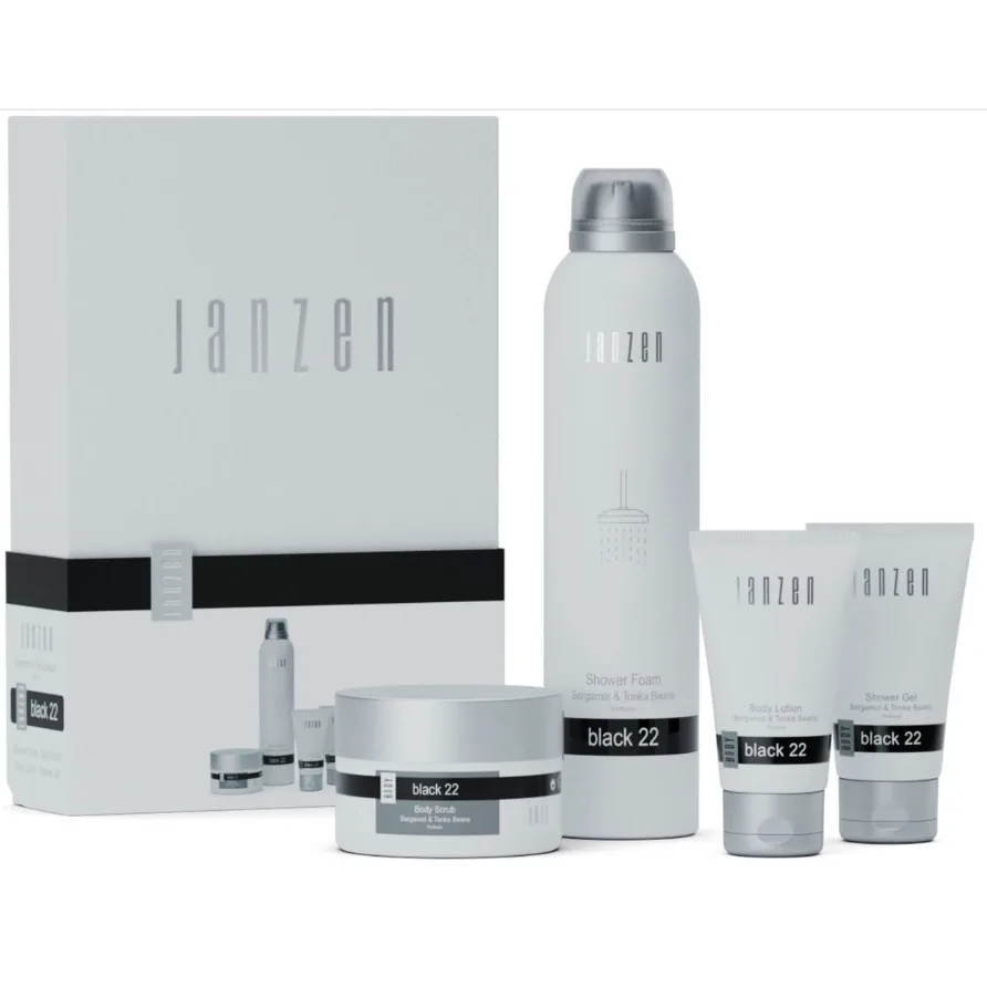 JANZEN Giftset S Body Black 22 met Shower Foam 200 ml, Body Scrub 125 gr, Shower Gel 40 ml en Body Lotion 40 ml. Luxe verzorgingsset, ideaal als relatiegeschenk, kerstpakket of stijlvol cadeau.