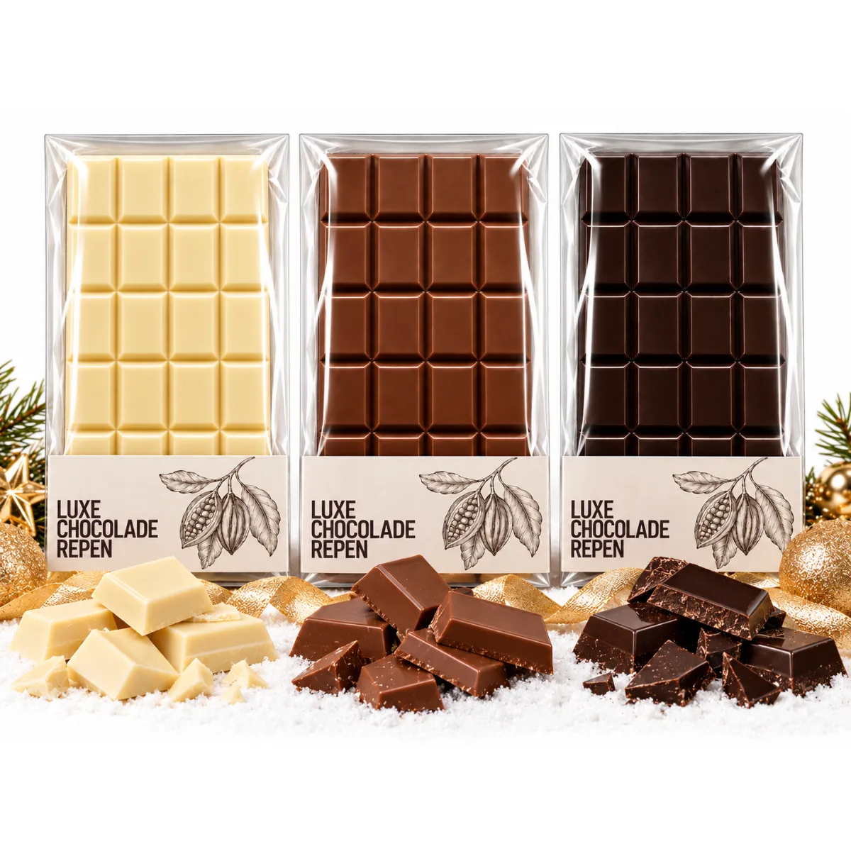 Luxe Kerstgeschenk, Ambachtelijke Chocolade Reep 1 st, Wit, Melk of Puur 120 gr
