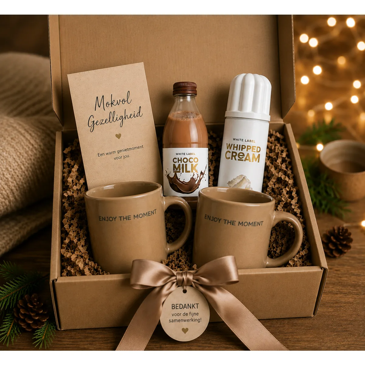 Mokvol Gezelligheid, Enjoy The Moment. Gezelligheid relatiegeschenk met twee taupe mokken enjoy the moment, chocolademelk en slagroom in luxe geschenkverpakking