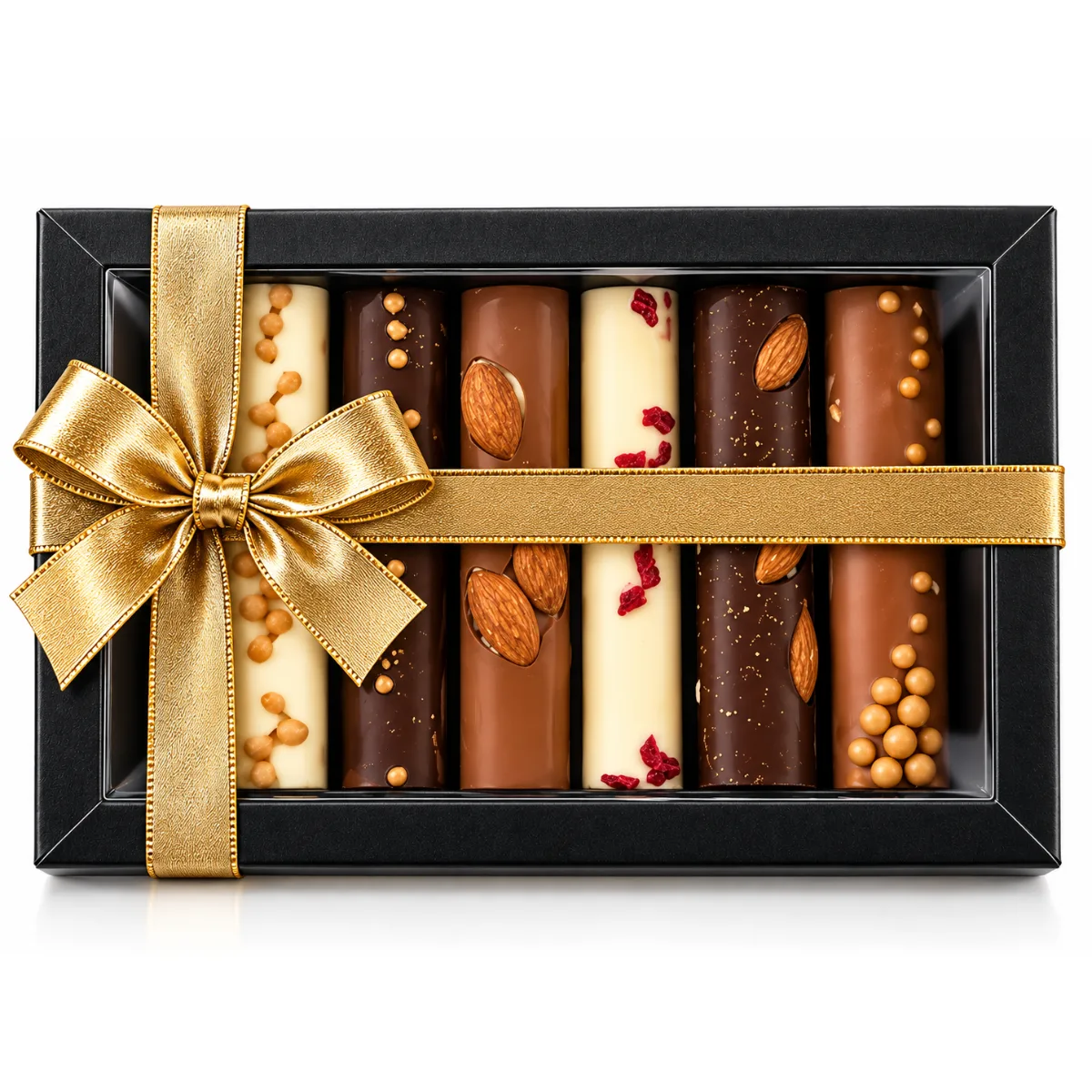 Luxe Doosje met Ambachtelijke Chocolade Reepjes 6 st. Luxe zwart geschenkdoosje met zes ambachtelijke chocolade reepjes voor in een kerstpakket.
