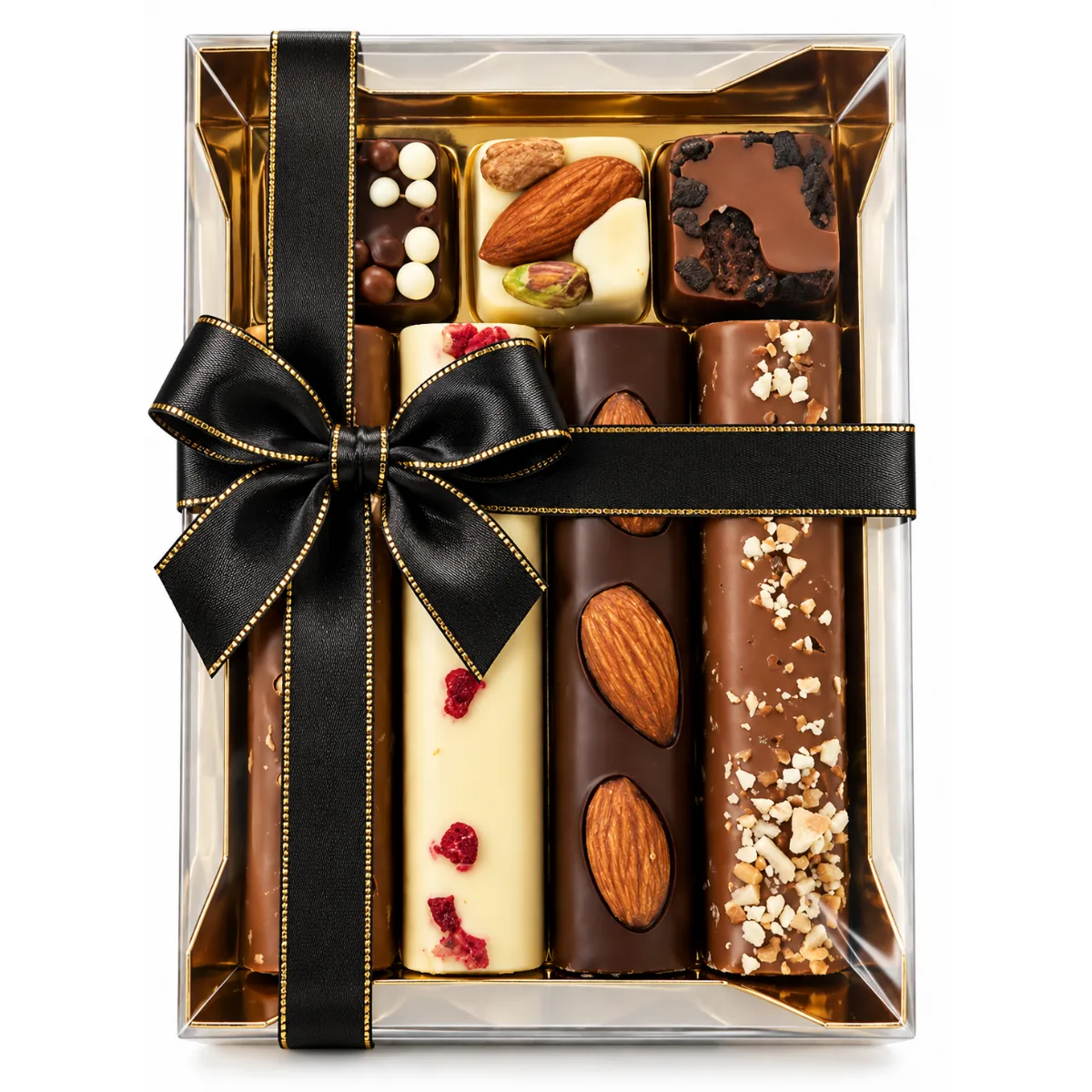 Luxe Kerstgeschenk, Ambachtelijke Chocolade Reepjes & Blokjes. Luxe gouden geschenkdoos met 4 ambachtelijke chocolade reepjes en 3 chocolade blokjes voor kerstpakketten.