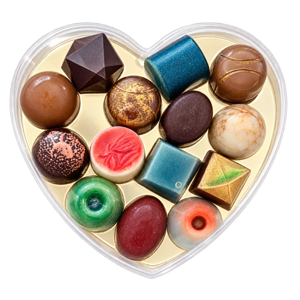 Luxe Hartvormig Doosje met 14 Ambachtelijke Bonbons. Luxe rood hartvormig doosje gevuld met 14 diverse ambachtelijke chocolade bonbons.