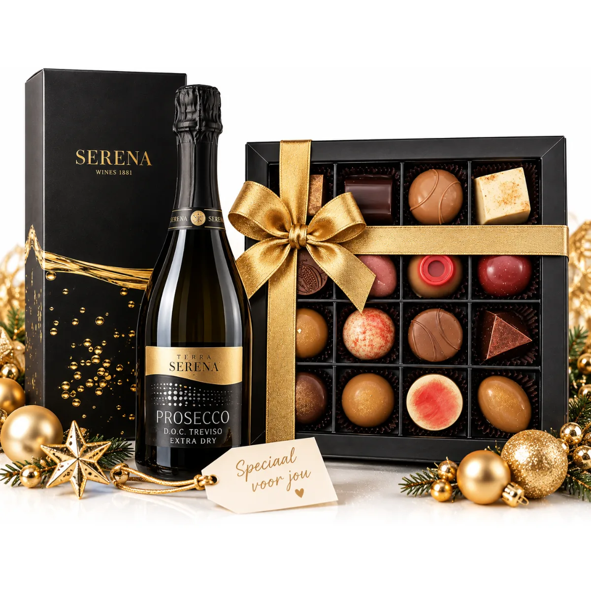 Relatiegeschenk Prosecco & Bonbons, Sparkle & Sweet Luxe Cadeau. Luxe relatiegeschenk set met een fles Prosecco en een doosje ambachtelijke chocolade bonbons in een feestelijke verpakking.