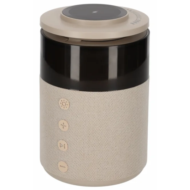 5-in-1 Wireless Charger & Bluetooth Speaker, Taupe of Zwart. Luxe 5-in-1 charging speaker met draadloze oplader, bluetooth speaker en sfeerverlichting in taupe en zwart.