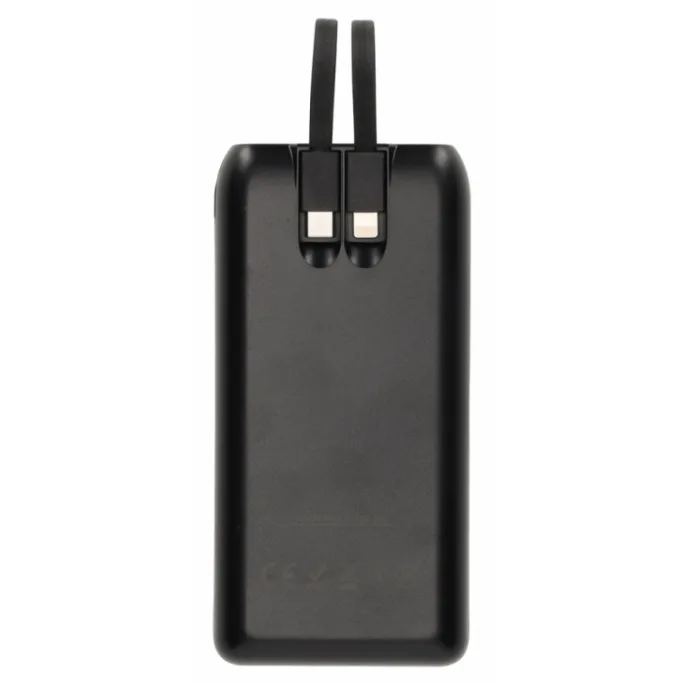 Krachtige Powerbank 20.000 mAh, Met Ingebouwde Kabels. Zwarte 20.000 mAh powerbank met digitaal display en ingebouwde USB-C en Lightning kabels voor kerstpakketten.